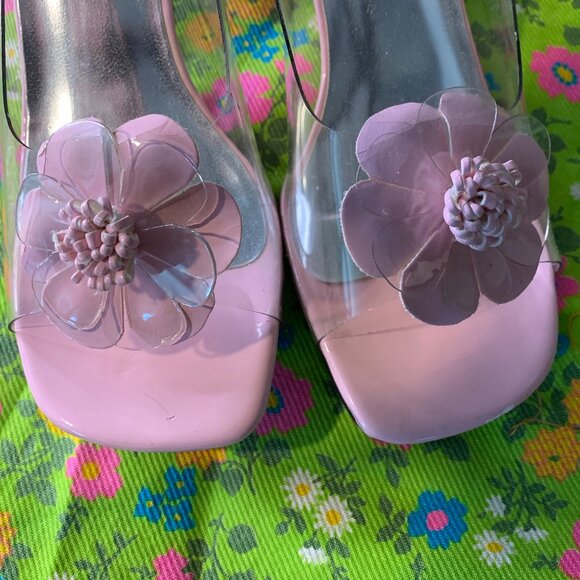 Vintage Pierre Dumas Pink Floral Clear Unique Chunky Heel Mule Sandal Size 7.5 - Picture 2 of 15